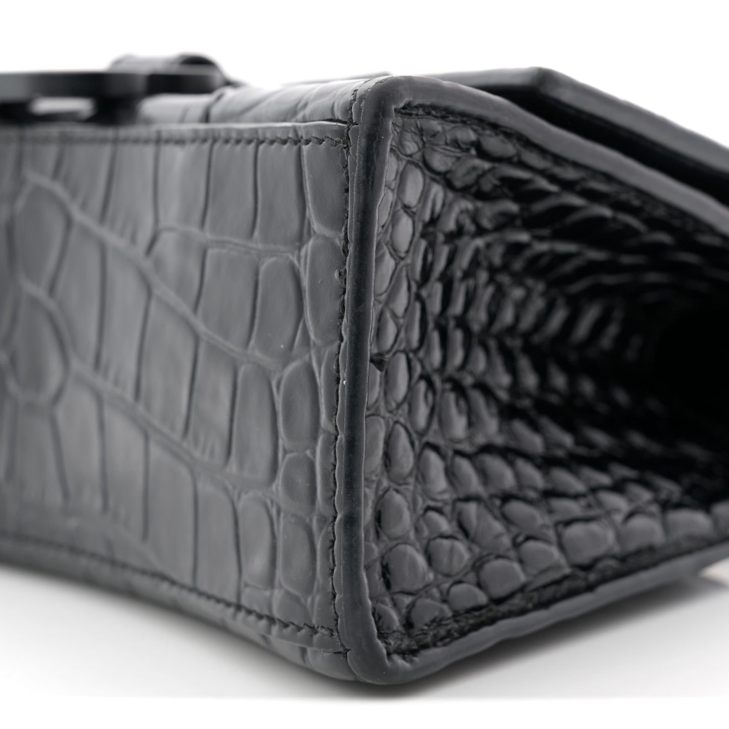 Shiny Calfskin Monochrome Crocodile Embossed Hourglass Top Handle Bag XS Black