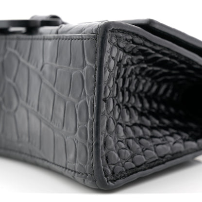 Balenciaga Shiny Calfskin Monochrome Crocodile Embossed Hourglass Top Handle Bag XS Black 10 of 12
