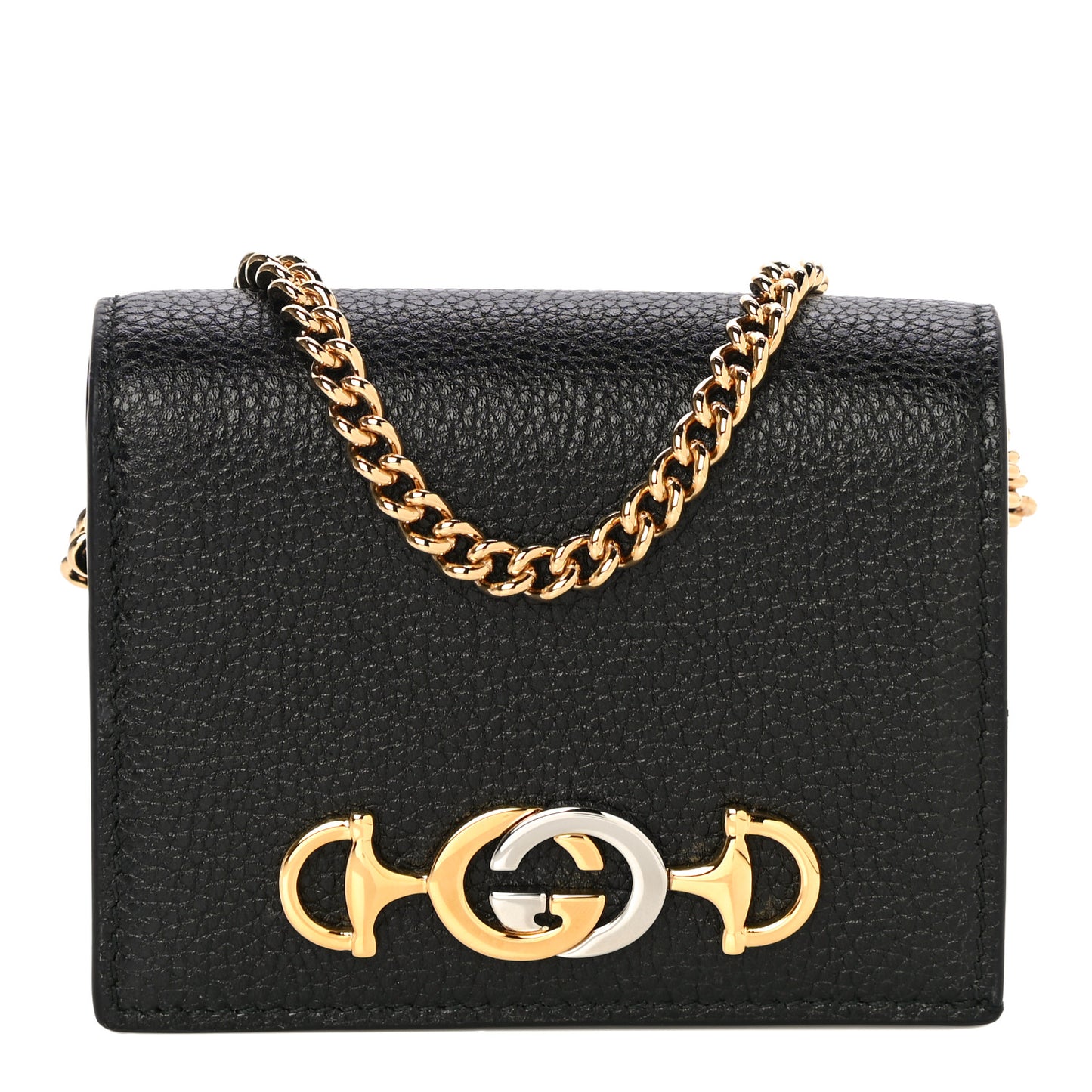 Grainy Calfskin Zumi Chain Card Case Wallet Black