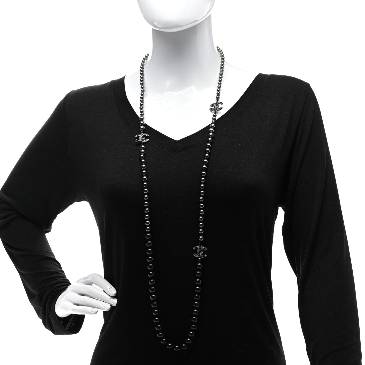 Chanel Ruthenium Graduated Bead Crystal CC Long Necklace Black 2 of 6