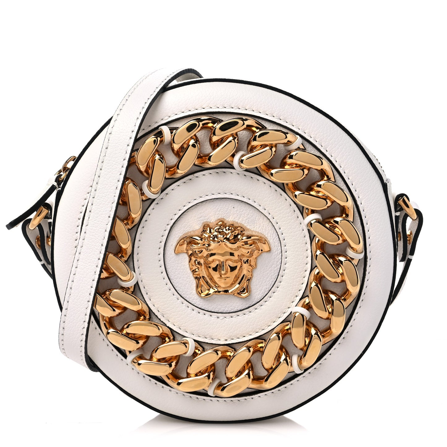 Calfskin Mini La Medusa Chain Round Crossbody Bag White