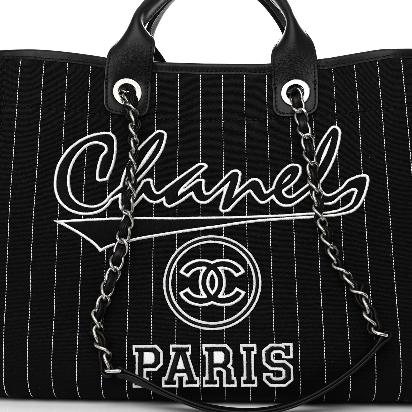 Canvas Calfskin Striped Medium Deauville Tote Black White