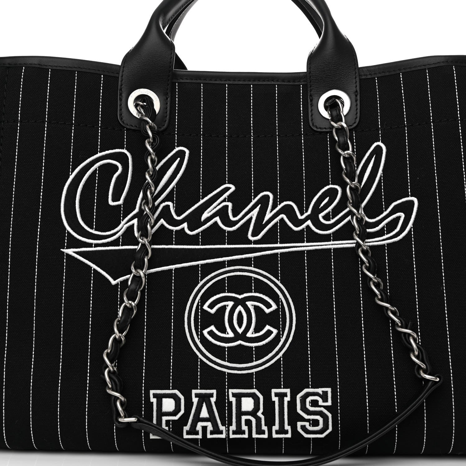 Chanel Canvas Calfskin Striped Medium Deauville Tote Black White 9 of 12