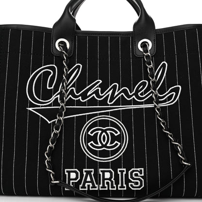 Chanel Canvas Calfskin Striped Medium Deauville Tote Black White 9 of 12