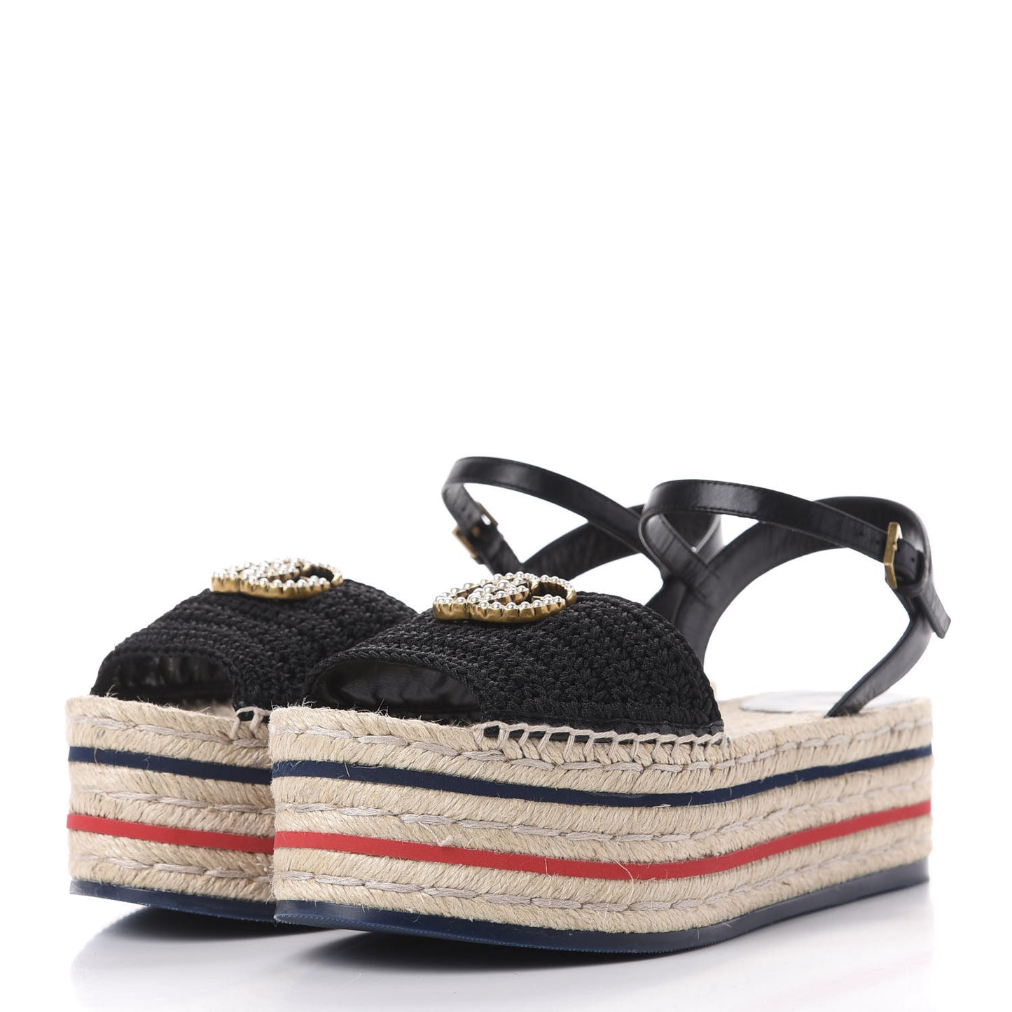 Cotton Malaga Kid Crochet Pearly GG Lilibeth Espadrille Platform Sandals 38 Black