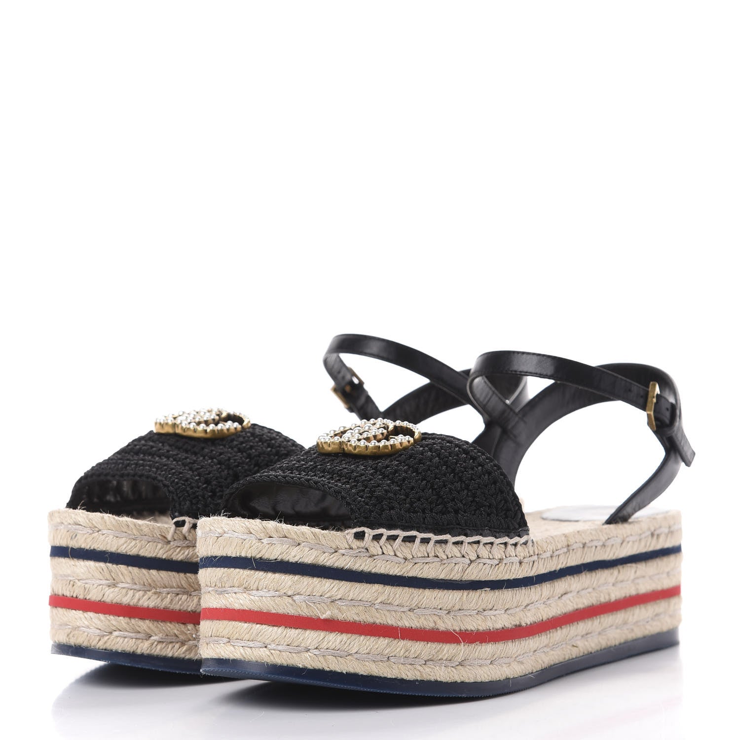 Gucci Cotton Malaga Kid Crochet Pearly GG Lilibeth Espadrille Platform Sandals 38 Black 3 of 14