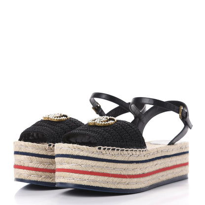 Gucci Cotton Malaga Kid Crochet Pearly GG Lilibeth Espadrille Platform Sandals 38 Black 3 of 14