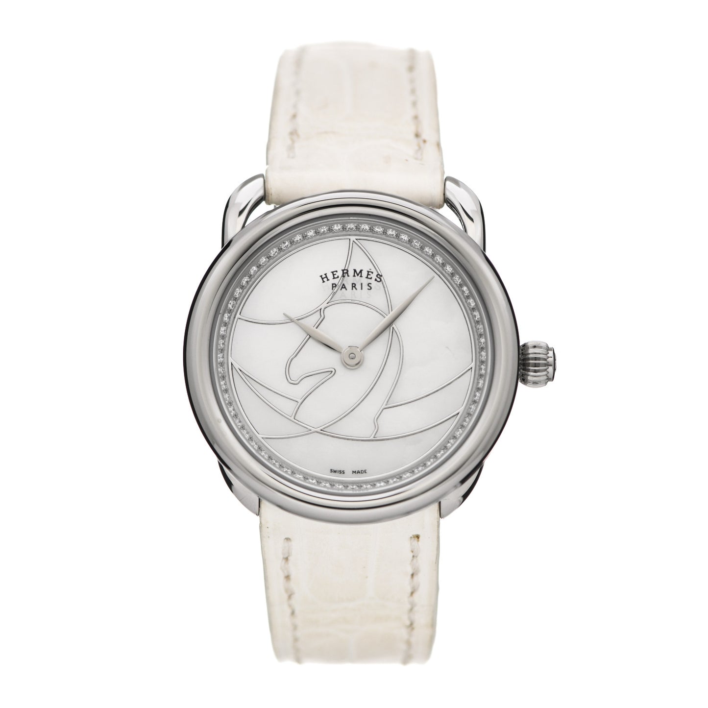 Stainless Steel Alligator Diamond Mother of Pearl 28mm Arceau Cavales Quartz Watch Blanc