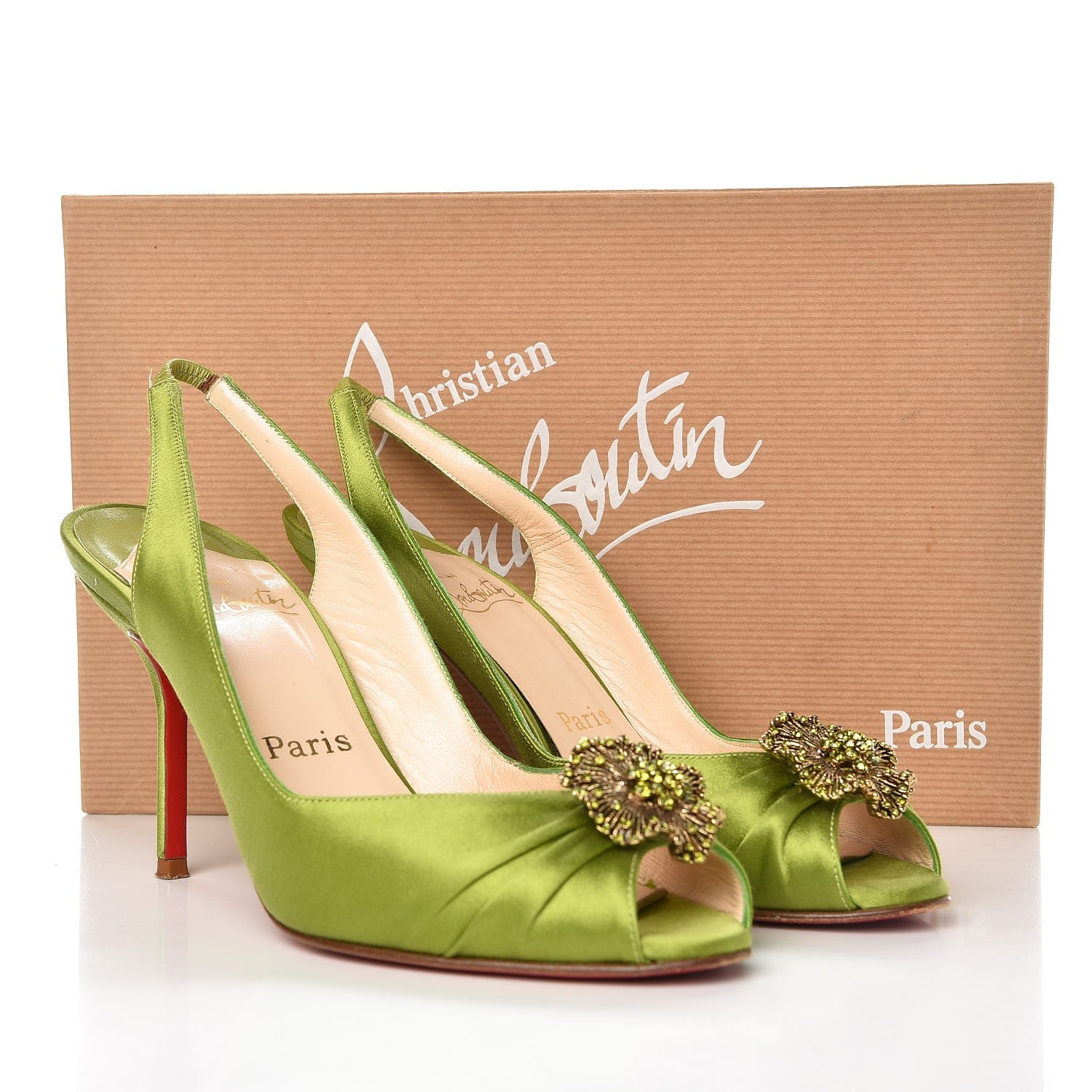 Christian Louboutin Satin Fiorellino Peep Toe Slingback 37.5 Green