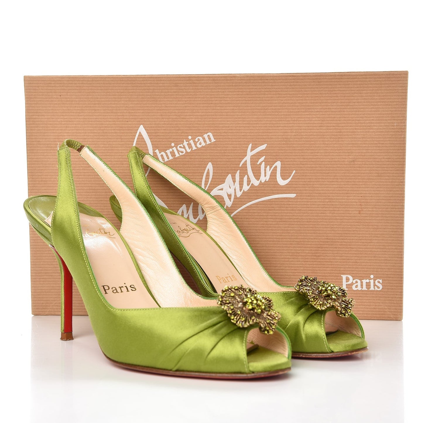 Satin Fiorellino Peep Toe Slingback 37.5 Green