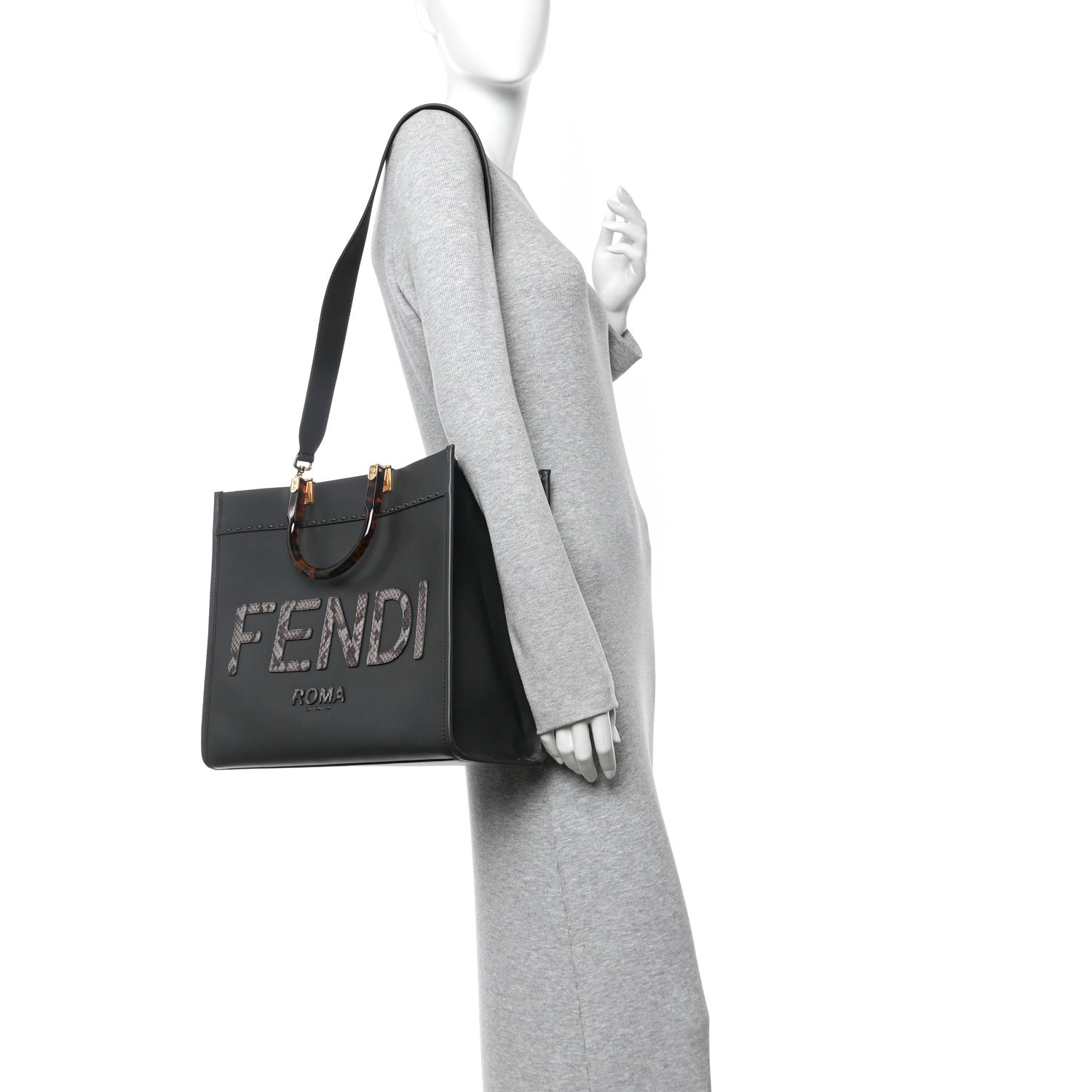 Fendi Vitello King Plexiglass Elaphe Snakeskin Print Logo Medium Fendi Sunshine Shopper Tote Dark Asphalt 2 of 9