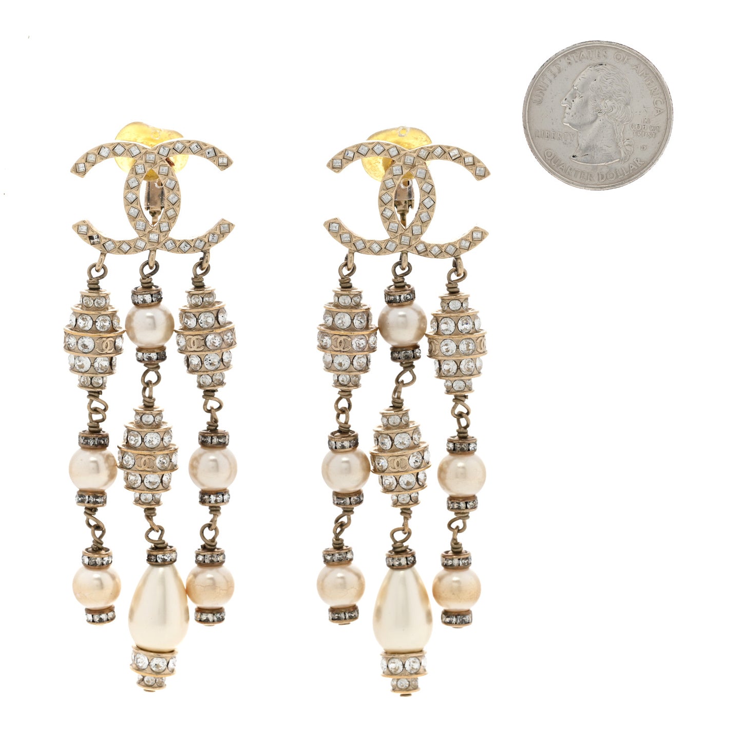 Crystal Pearl CC Chain Drop Earrings