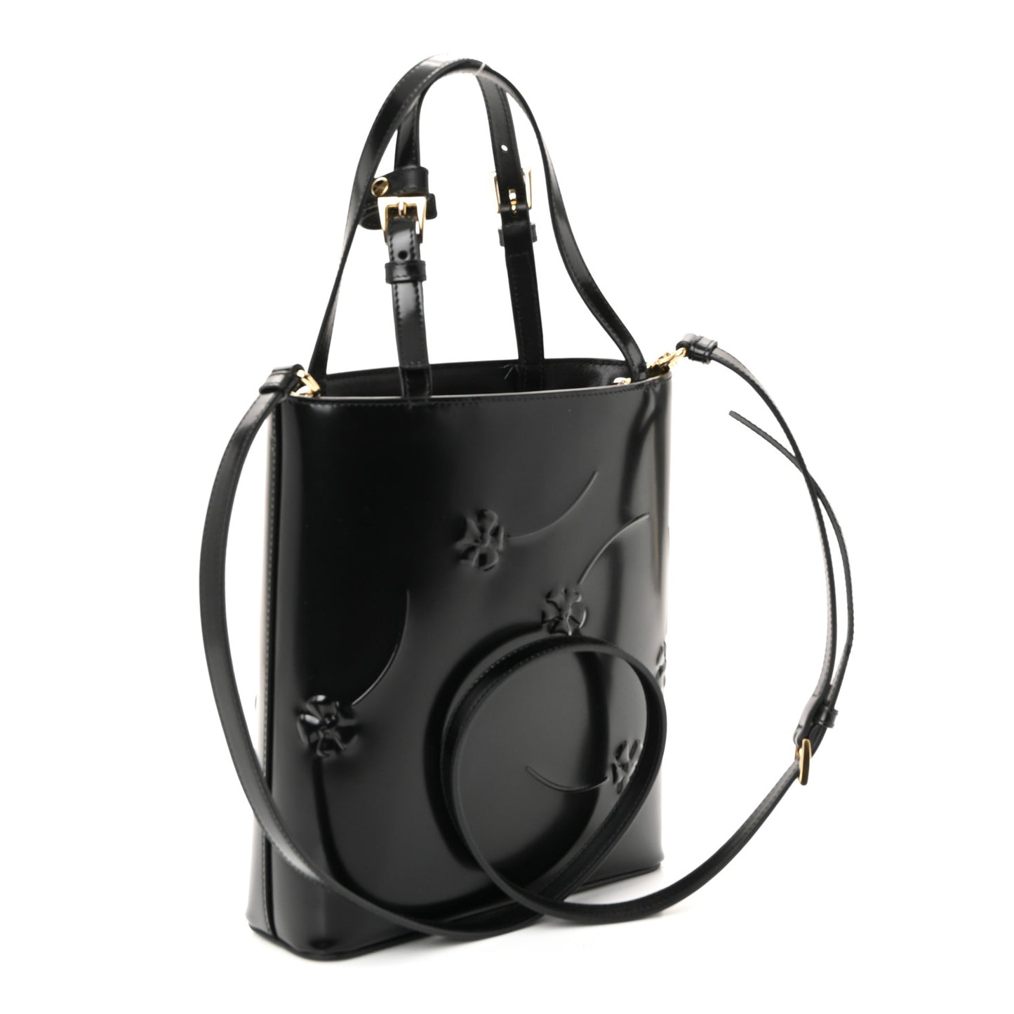 Spazzolato Floral Embossed Metal Triangle Logo Tote Black
