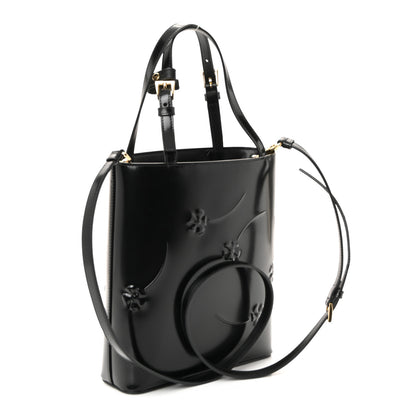 Prada Spazzolato Floral Embossed Metal Triangle Logo Tote Black 3 of 9