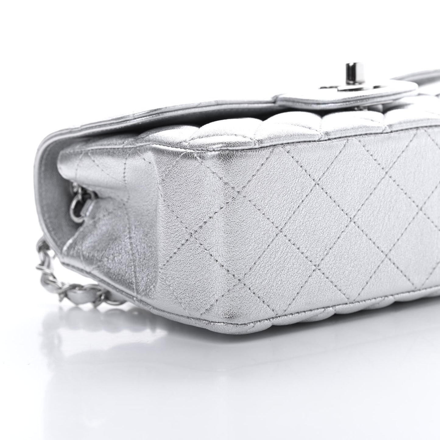 Metallic Lambskin Quilted Mini Rectangular Flap Silver