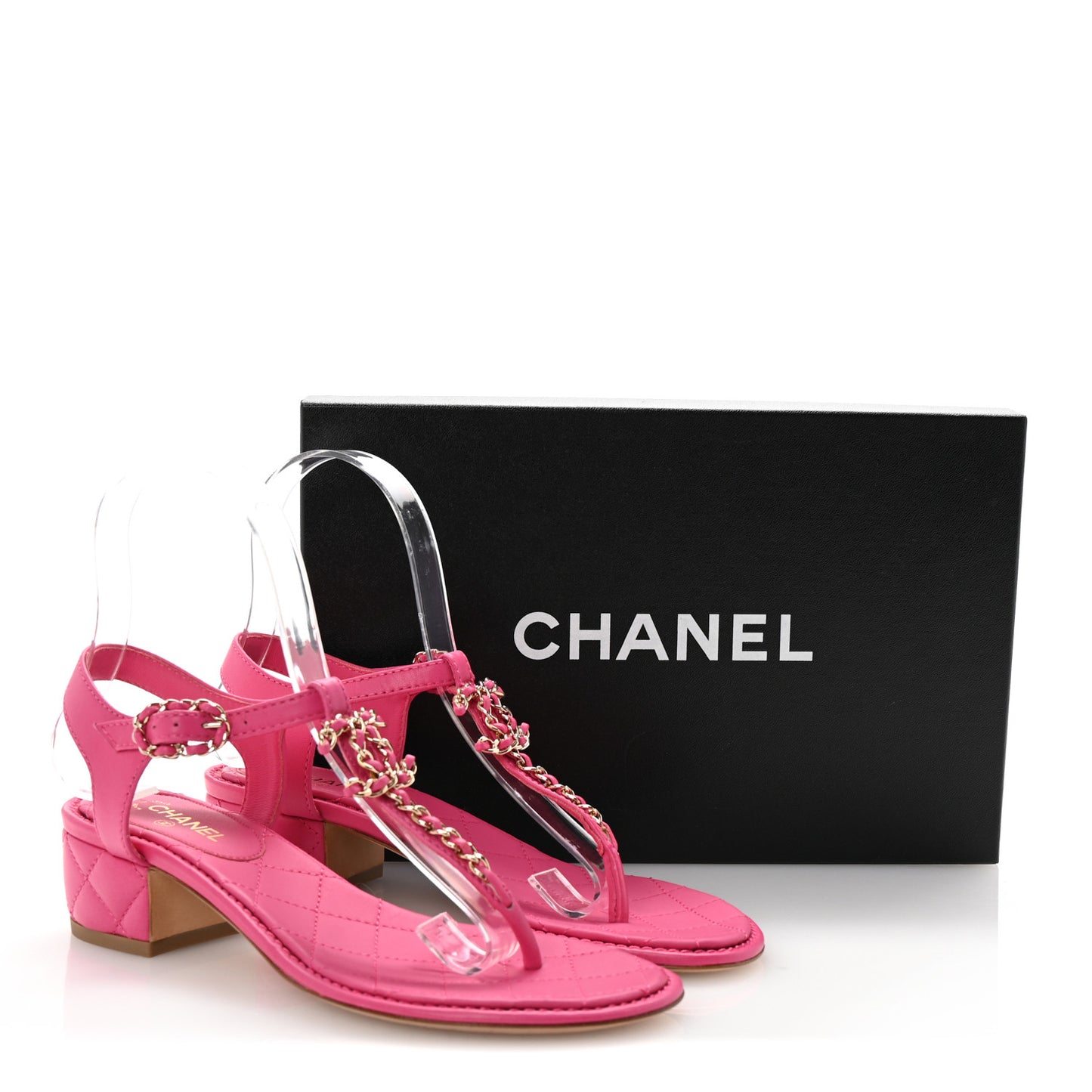 Lambskin Chain CC Logo Thong Sandals 36 Fuchsia