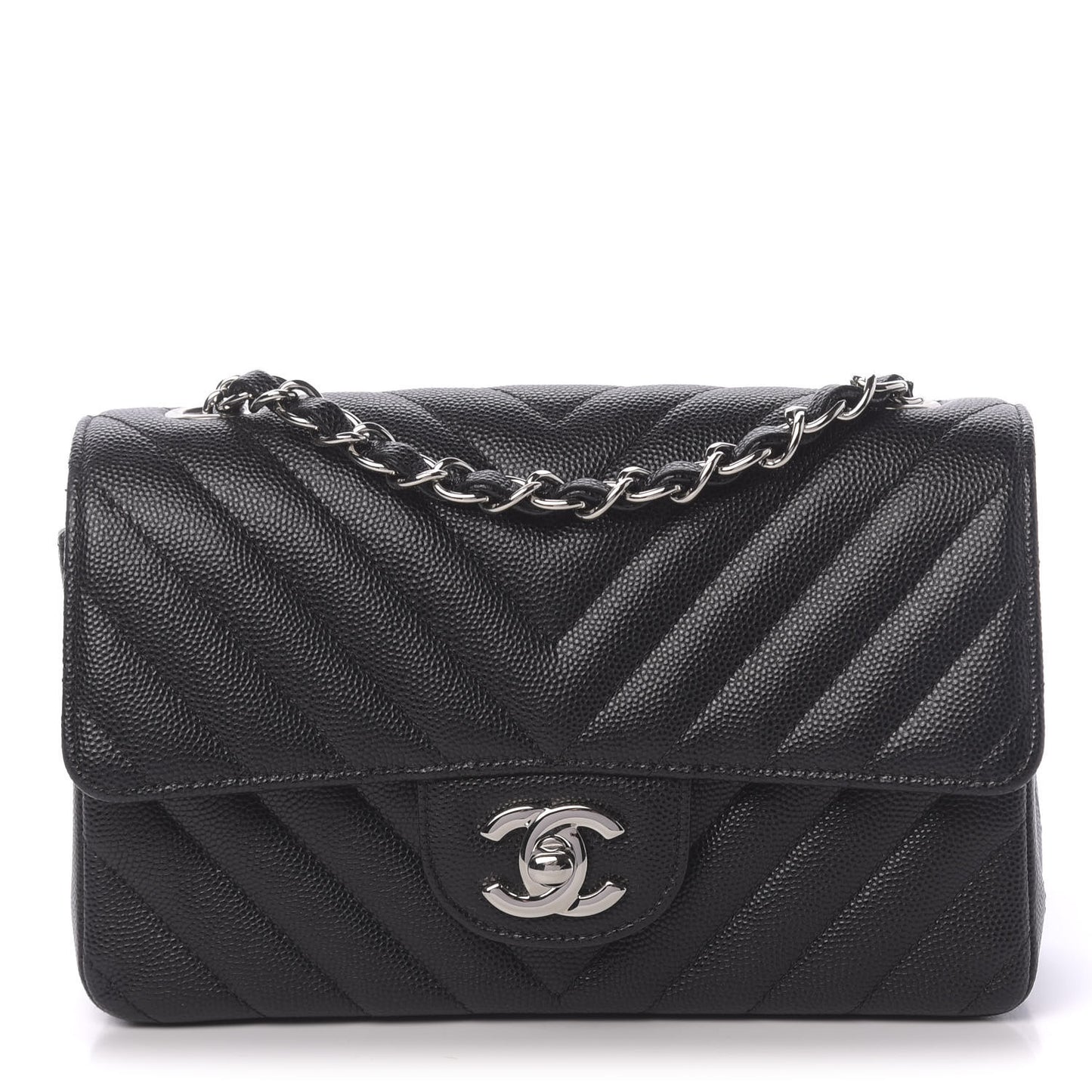 Caviar Chevron Quilted Mini Rectangular Flap Black