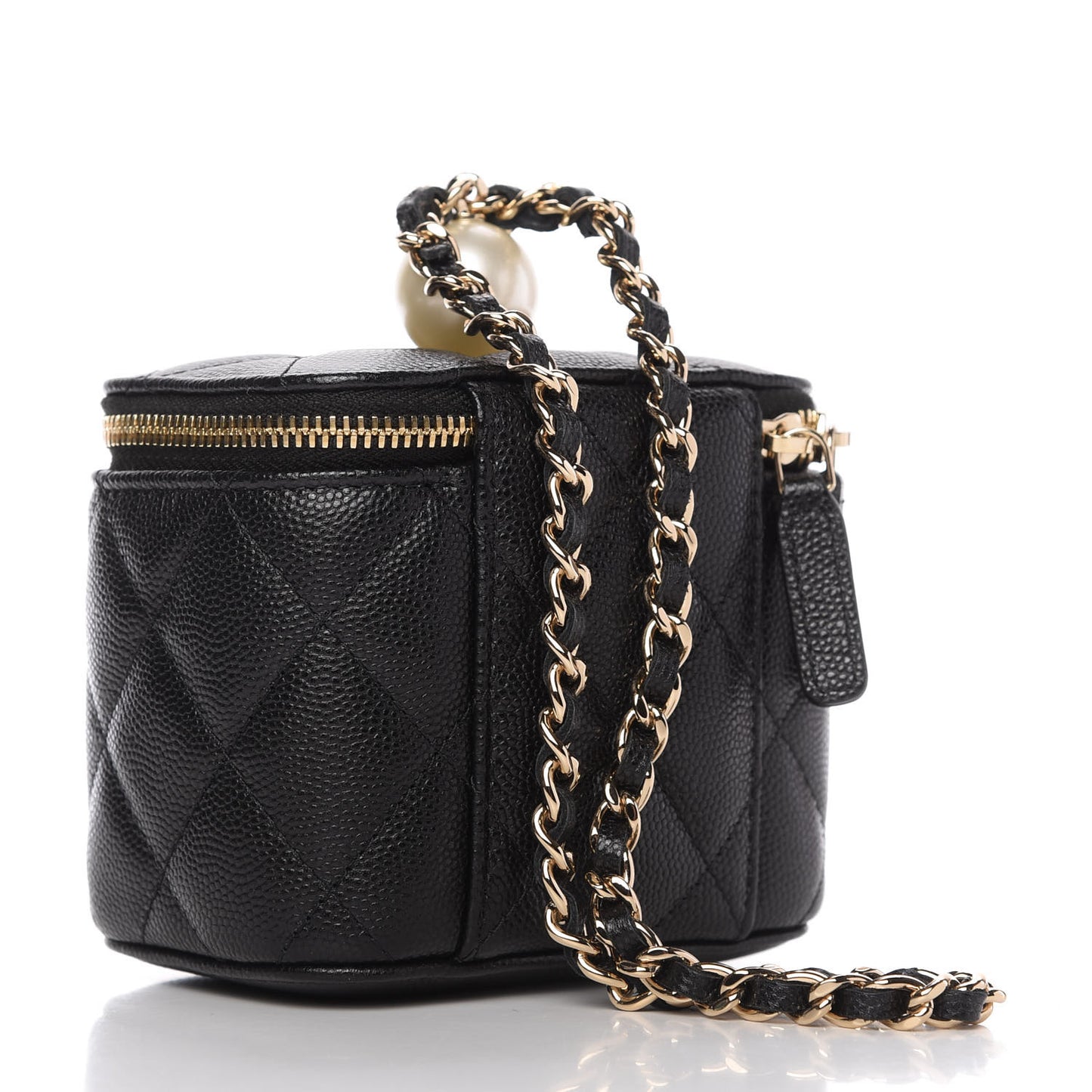 Caviar Quilted Mini Pearl On Top Vanity Case With Chain Black