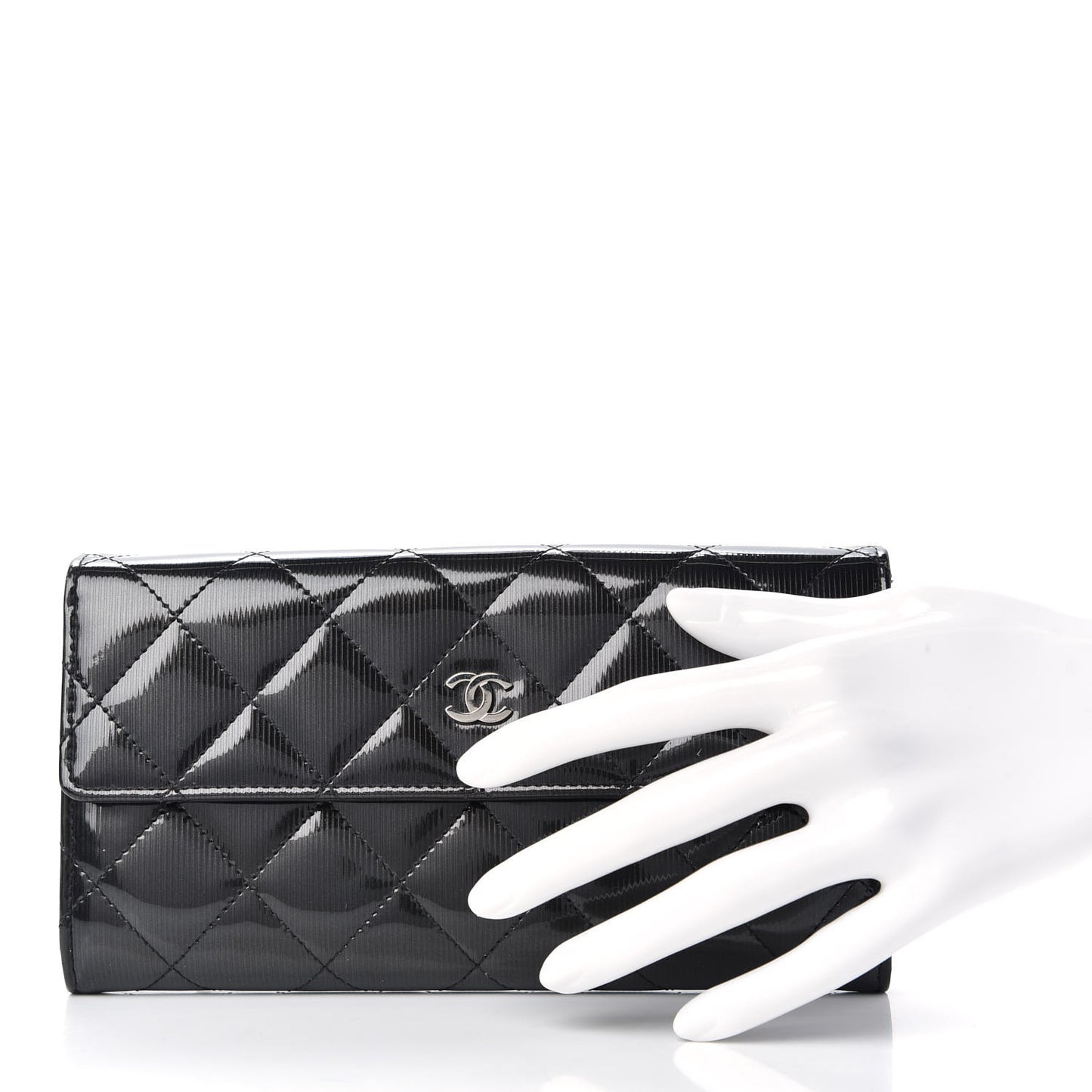 Striated Patent Quilted Large Gusset Flap Wallet Dark Grey
