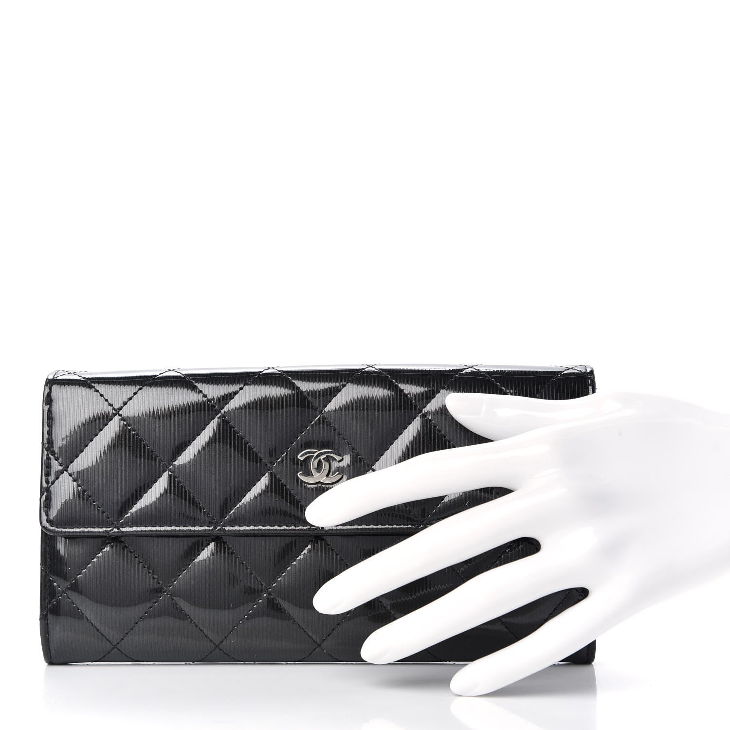 Chanel Striated Patent Quilted Large Gusset Flap Wallet Dark Grey 2 of 12