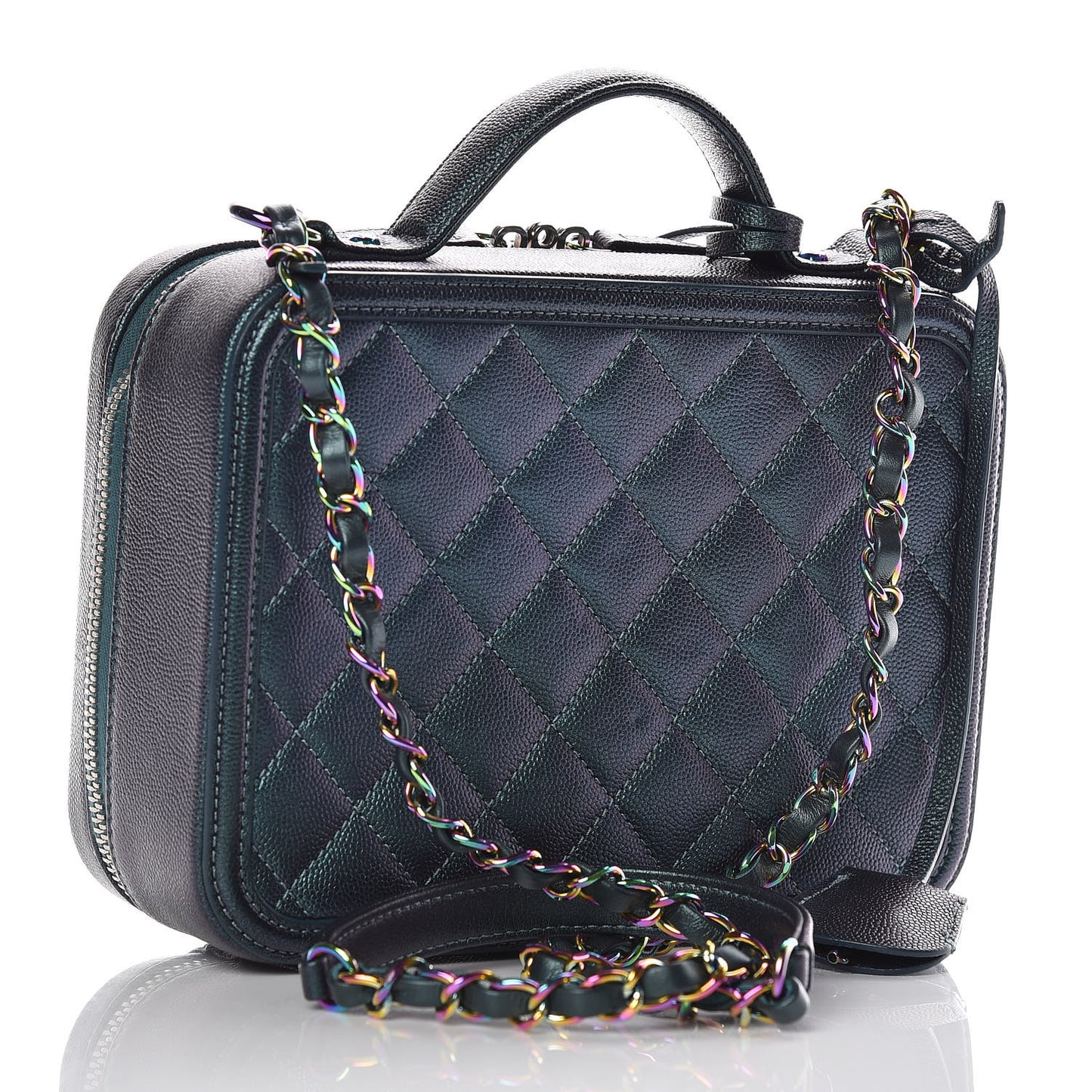Iridescent Caviar Quilted Medium CC Filigree Vanity Case Dark Turquoise