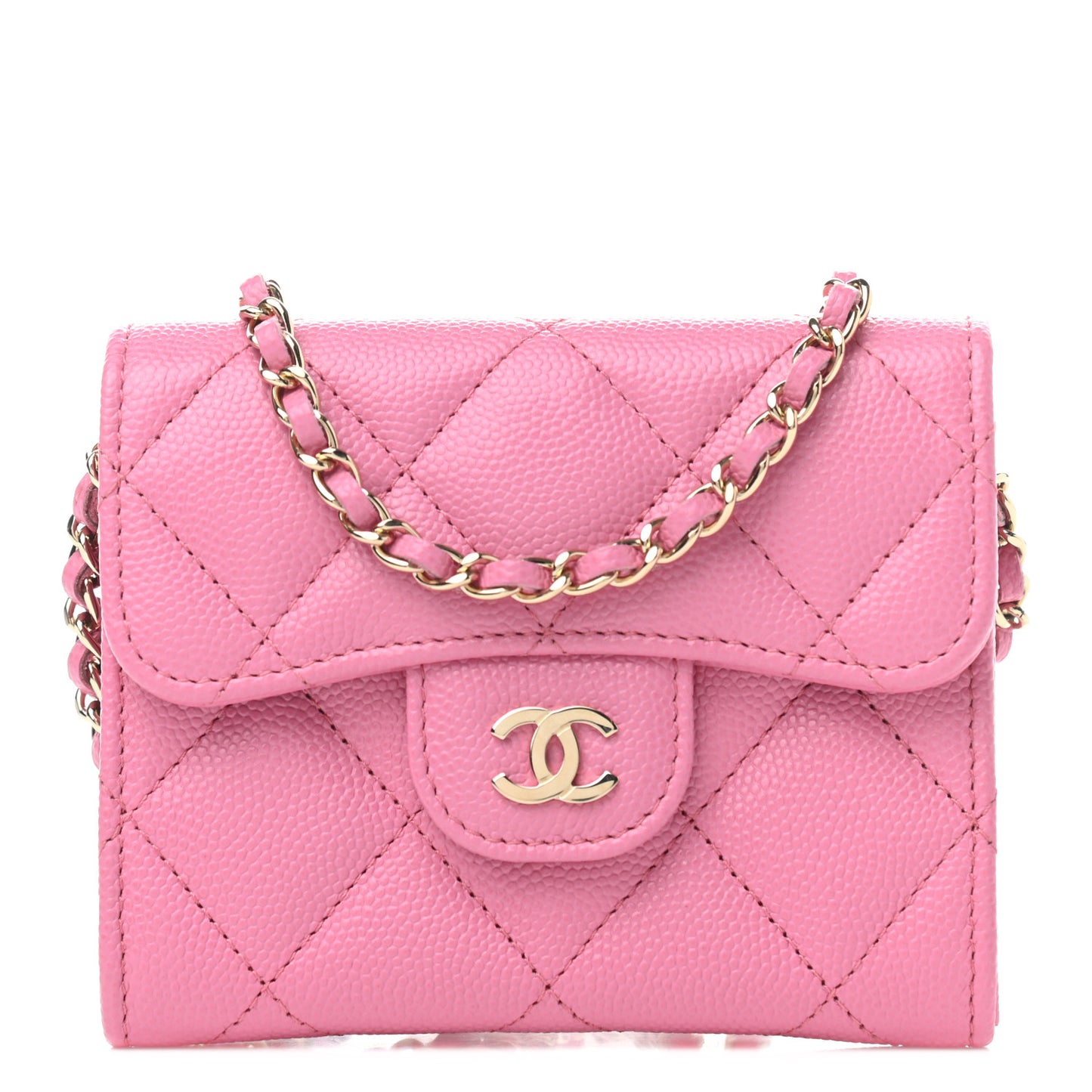 Caviar Quilted Flap Card Holder On Chain Pink
