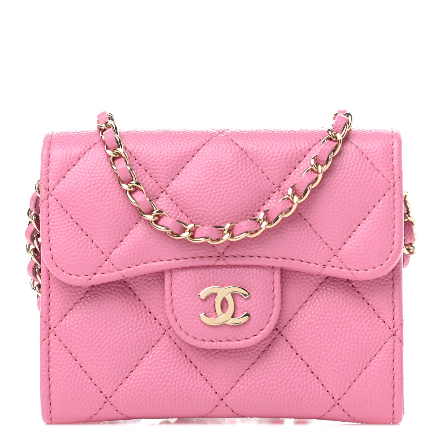 Chanel Caviar Quilted Flap Card Holder On Chain Pink 1 of 7