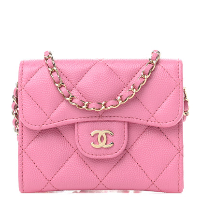 Chanel Caviar Quilted Flap Card Holder On Chain Pink 1 of 7