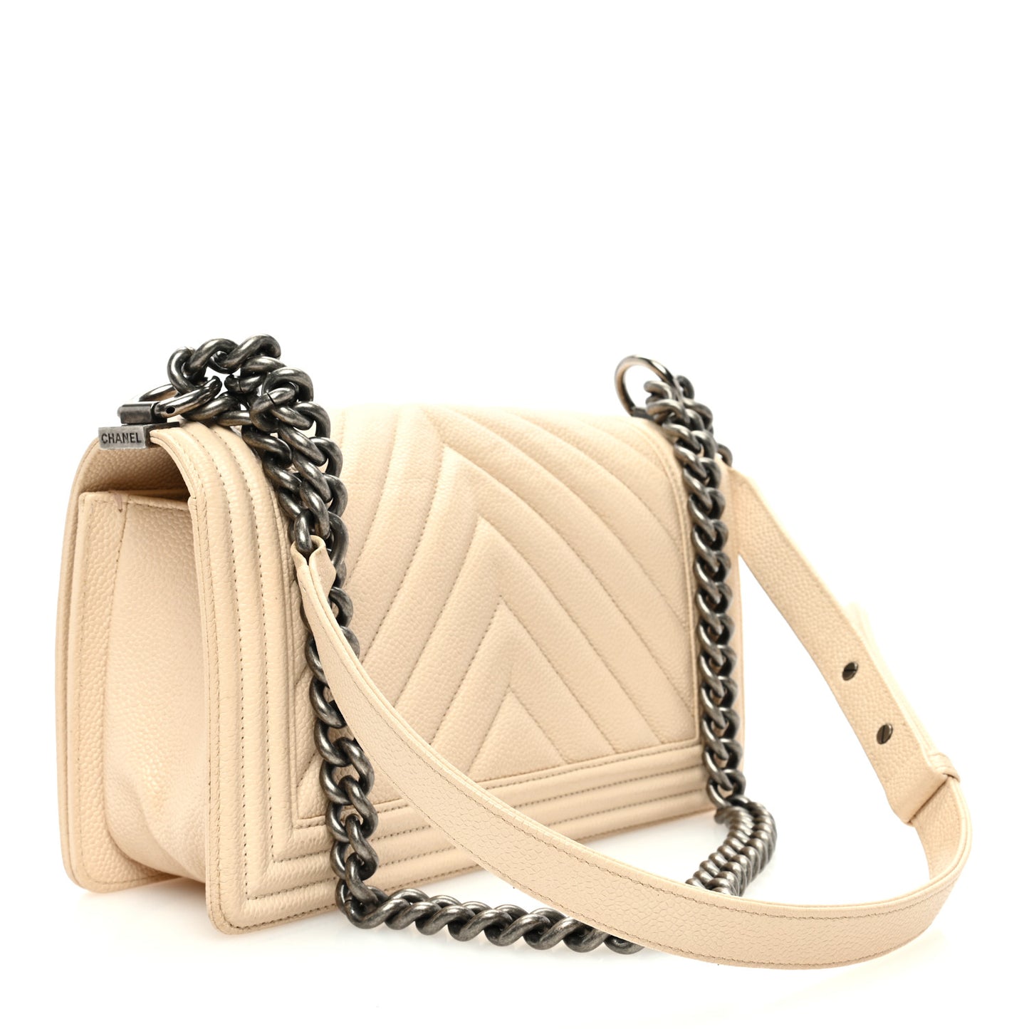 Caviar Chevron Quilted Medium Boy Flap Light Beige