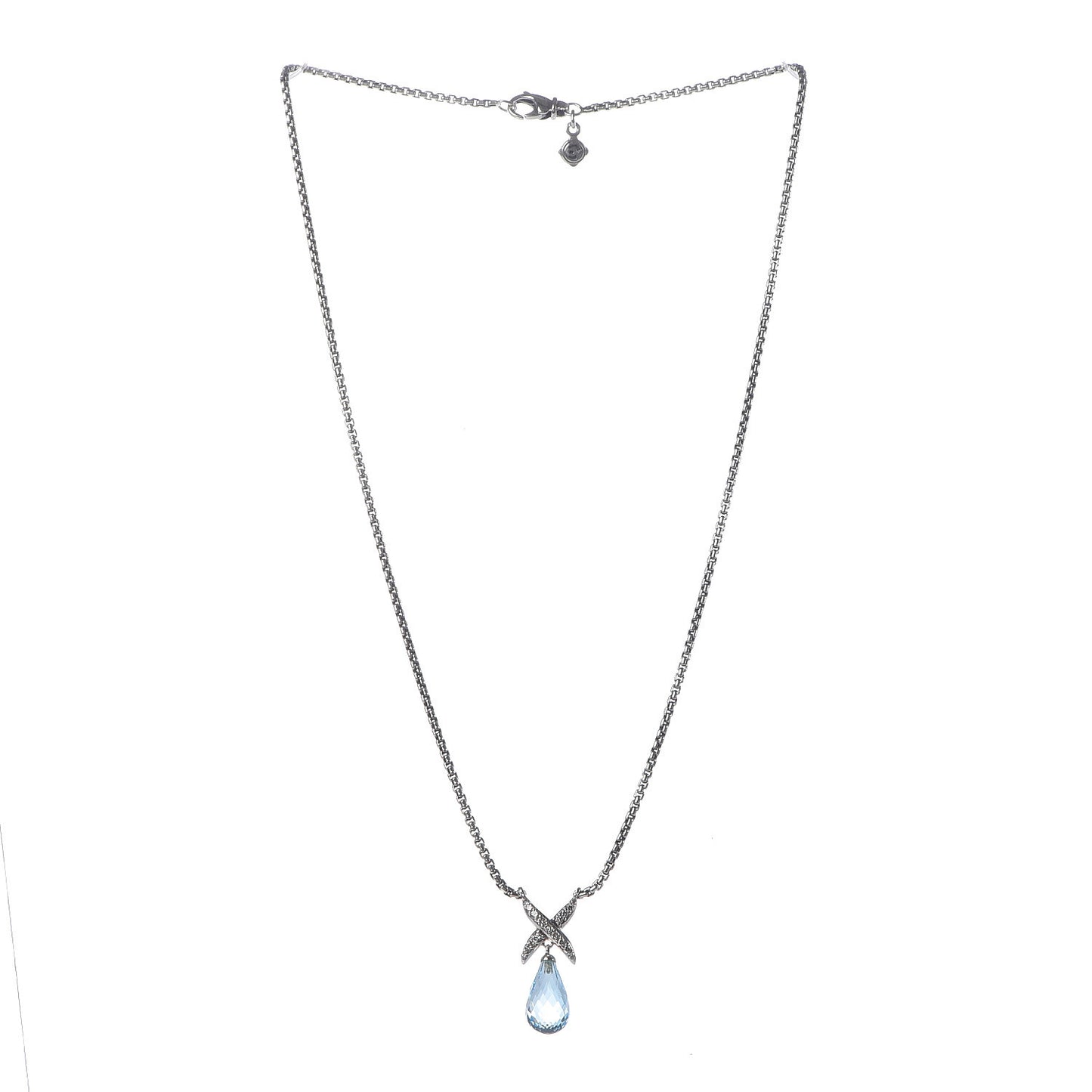 Sterling Silver Blue Topaz Diamond Briolette X Pendant Necklace