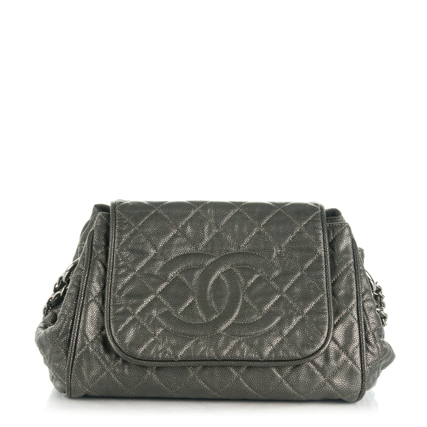 Metallic Caviar Quilted Timeless Accordion Flap Dark Silver
