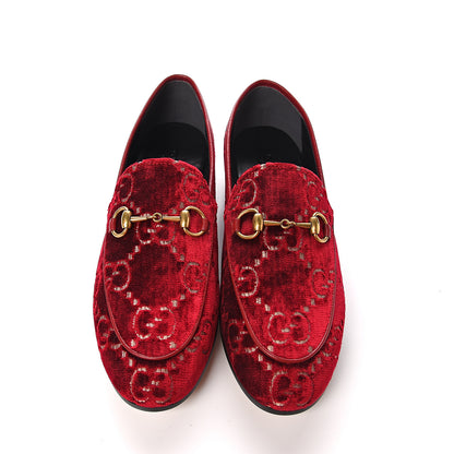 Gucci Velvet Malaga Kid GG Monogram Horsebit Womens Jordaan Loafers 35 Red Cipria Romantic Cerise 9 of 10