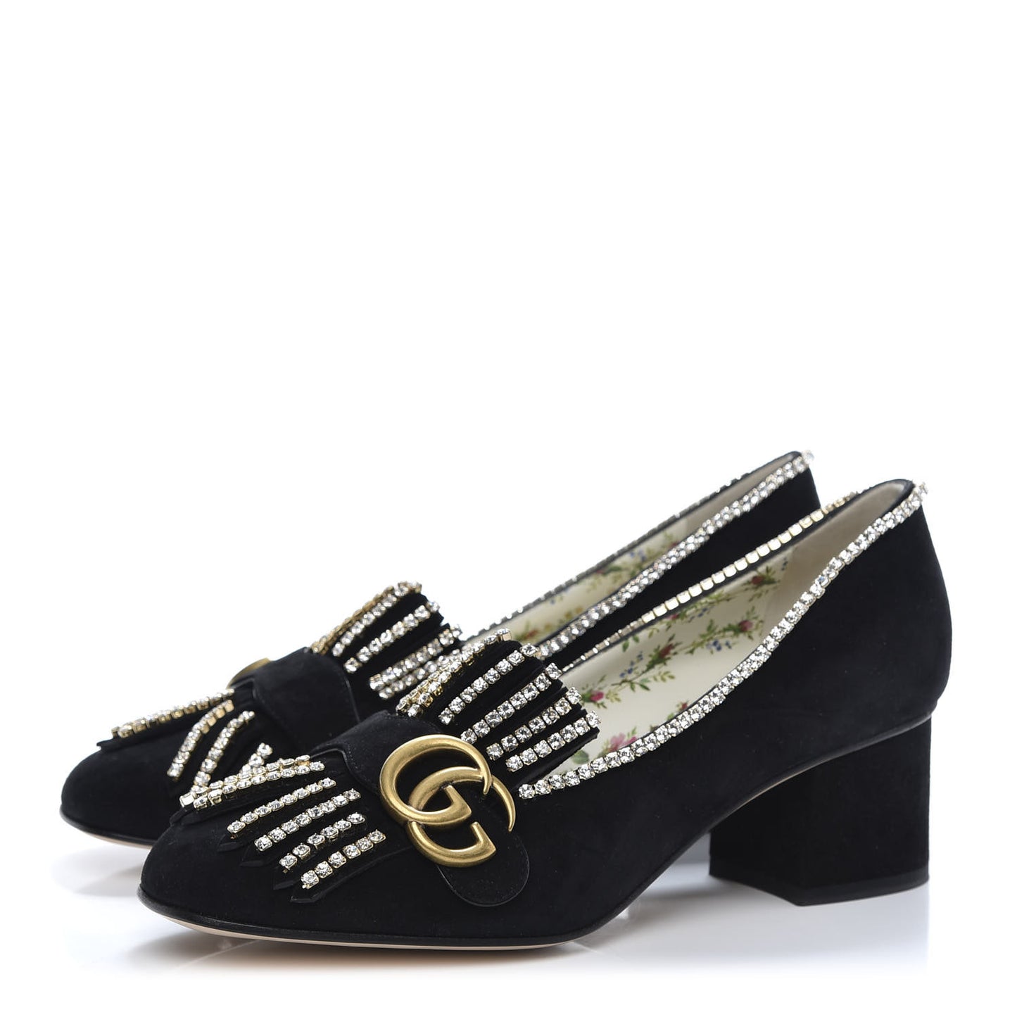 Kid Scamosciato Crystal GG Marmont Fringe 50mm Loafer Pumps 38 Black