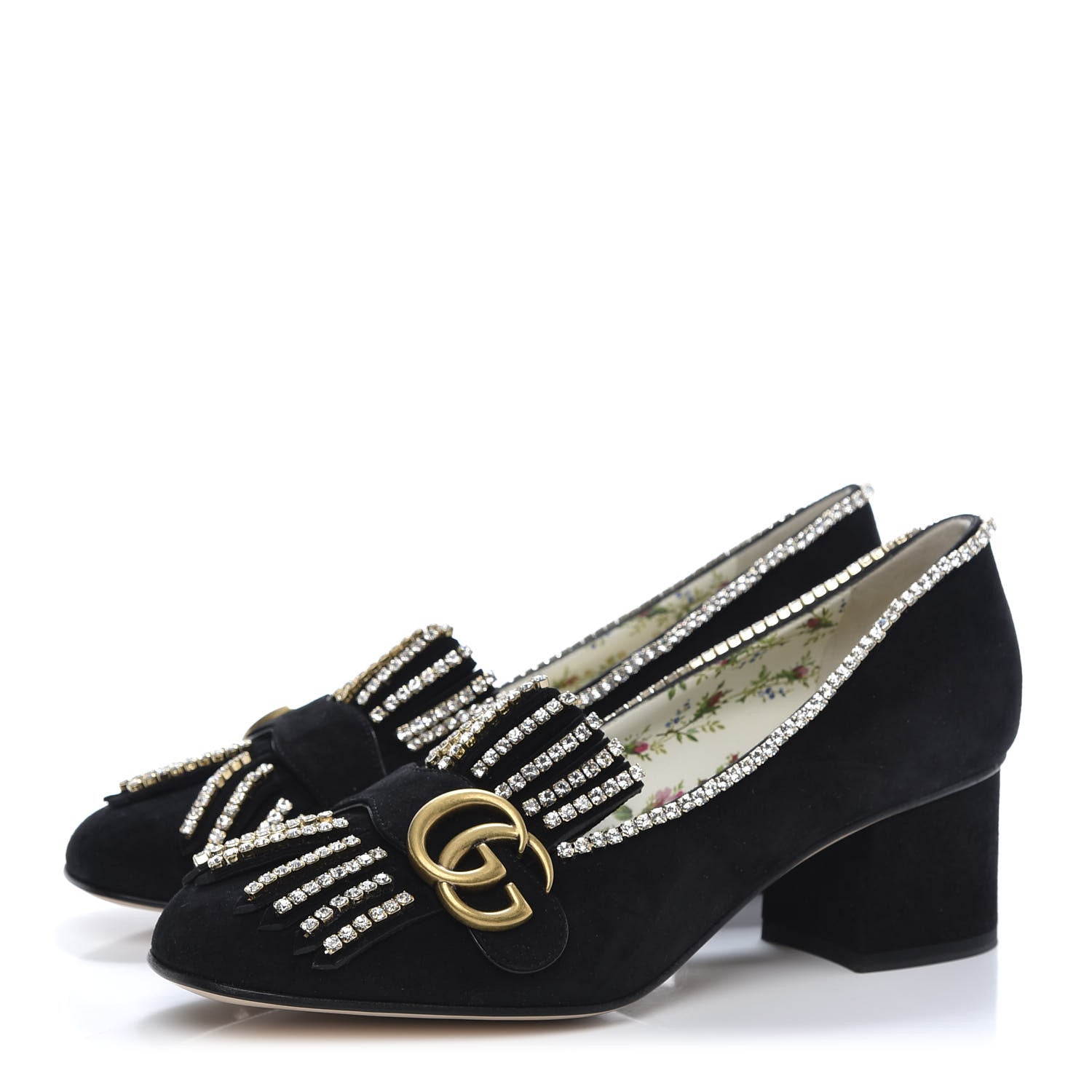 Gucci Kid Scamosciato Crystal GG Marmont Fringe 50mm Loafer Pumps 38 Black 3 of 8