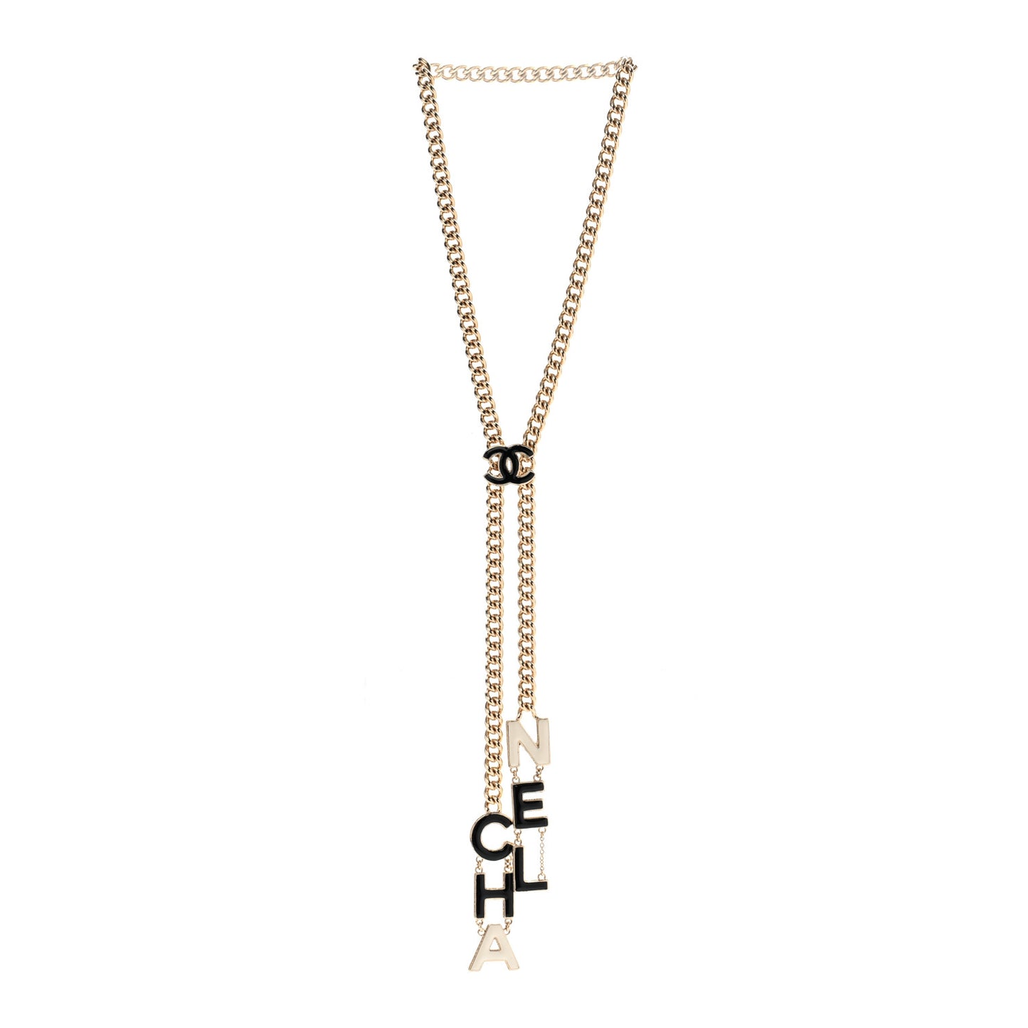 Enamel CC Lariat Necklace Black Gold Black