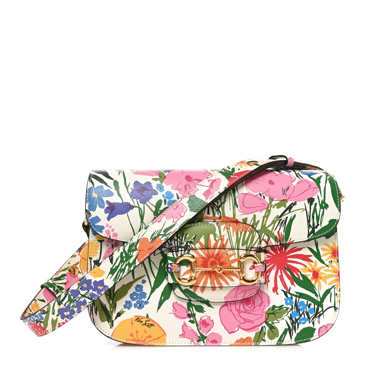 Gucci X KEN SCOTT New Shangai Calfskin Jardin D'Avril Floral Print Horsebit 1955 Shoulder Bag Ivory Pink Wild Rose 1 of 9