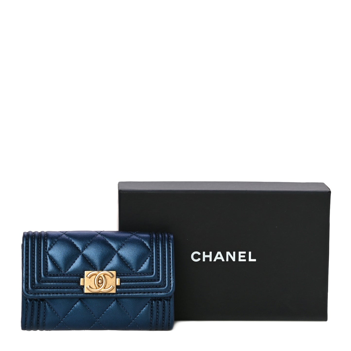 Metallic Lambskin Quilted Boy Flap Card Holder Blue