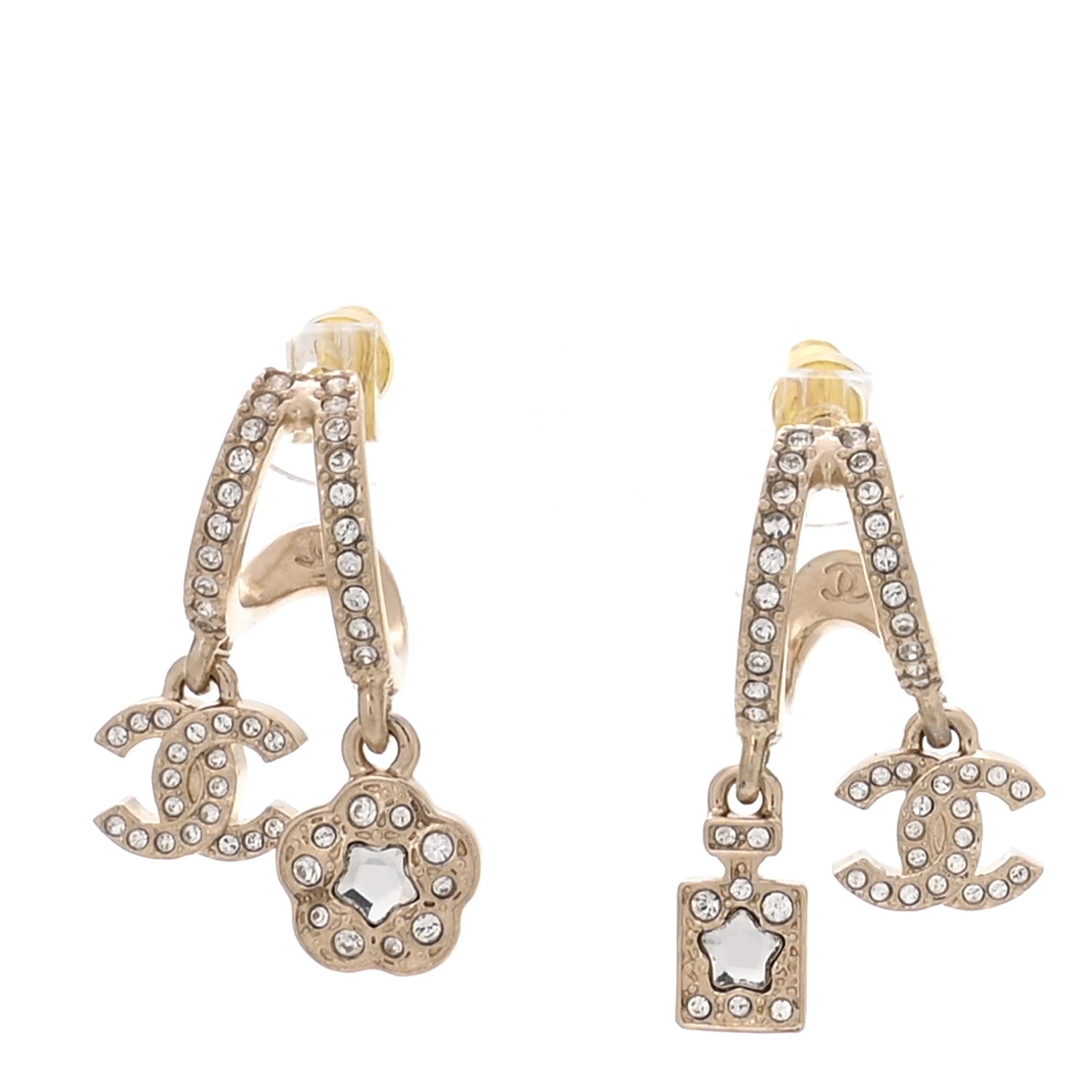 Chanel Crystal CC Camellia Perfume Bottle Double Hoop Earrings Gold 1 of 5