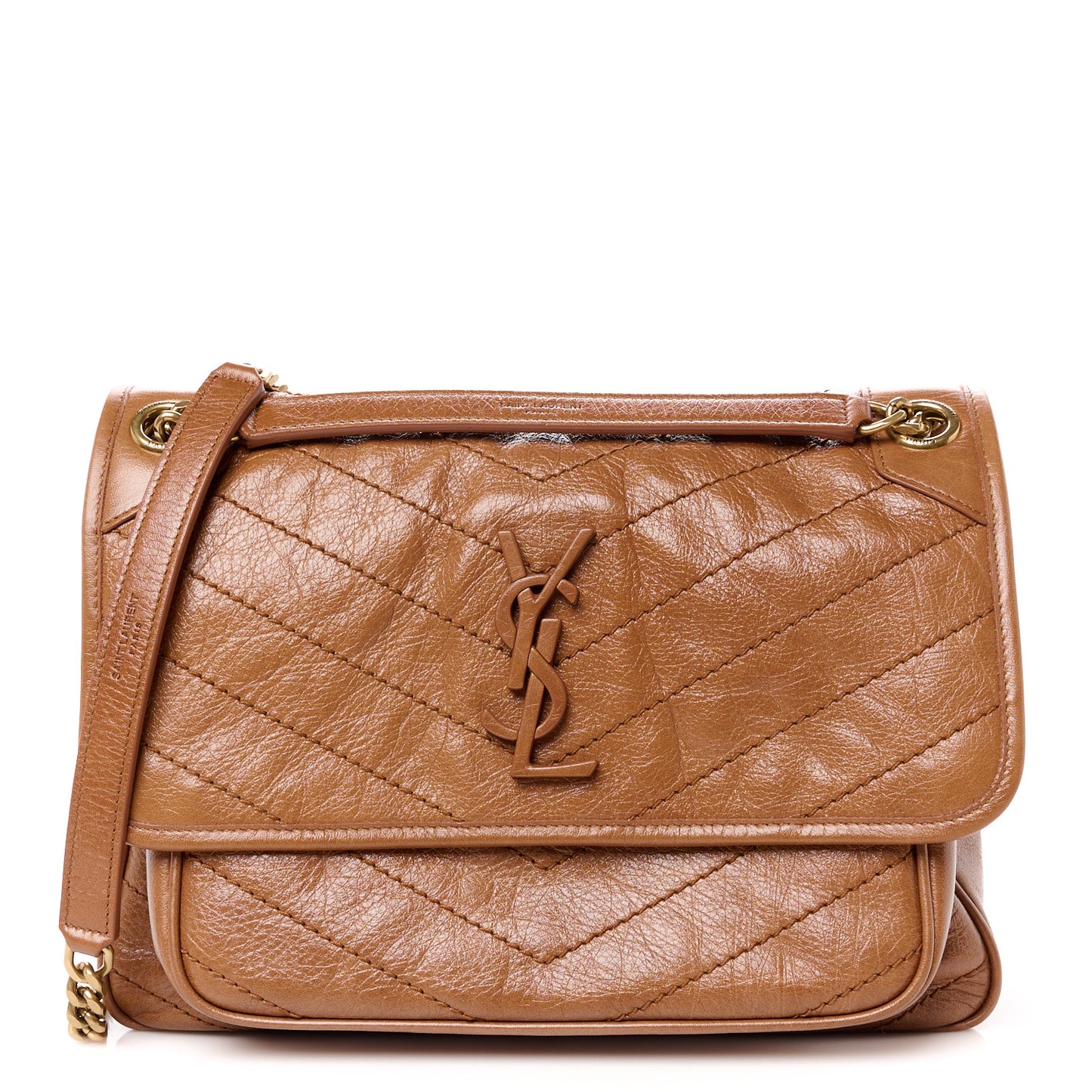 Crinkled Calfskin Matelasse Monogram Medium Niki Chain Satchel Caramel