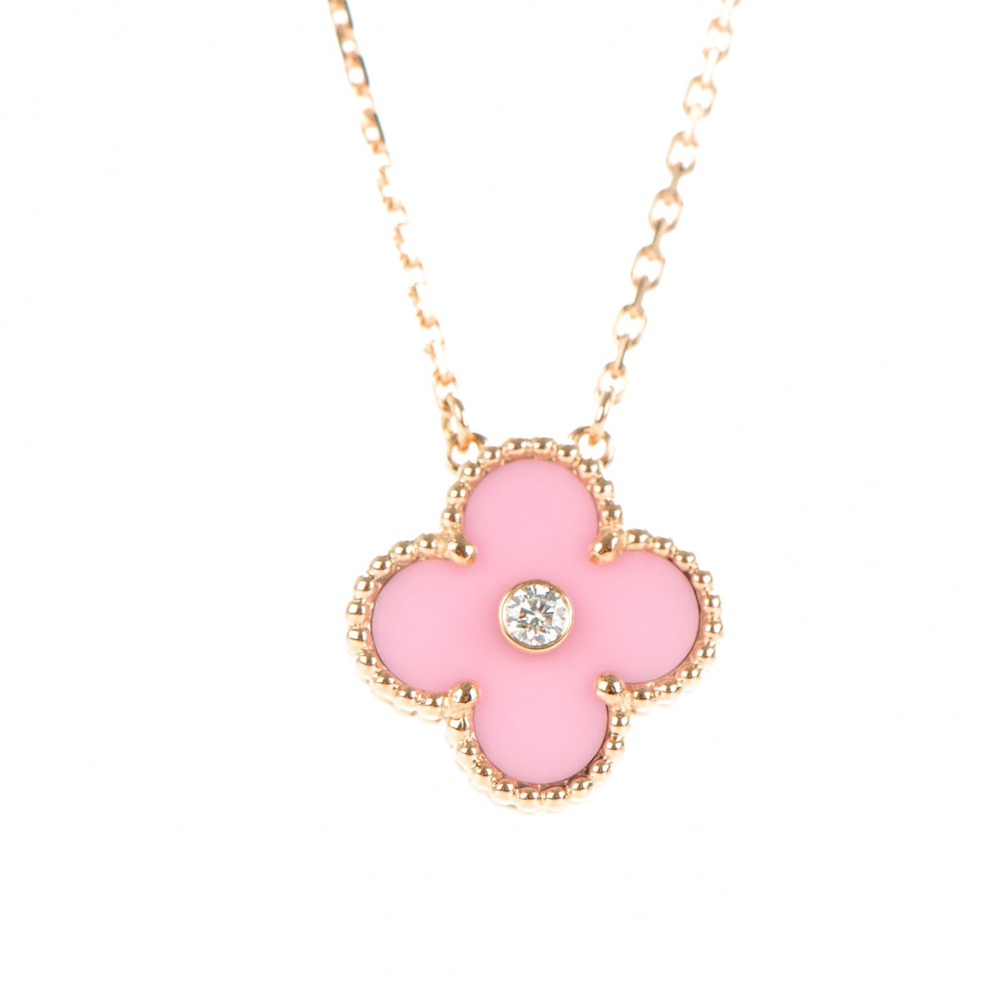 18K Rose Gold Diamond Pink Porcelain Vintage Alhambra Pendant Necklace