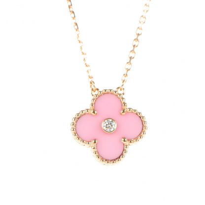 Van Cleef & Arpels 18K Rose Gold Diamond Pink Porcelain Vintage Alhambra Pendant Necklace 3 of 6