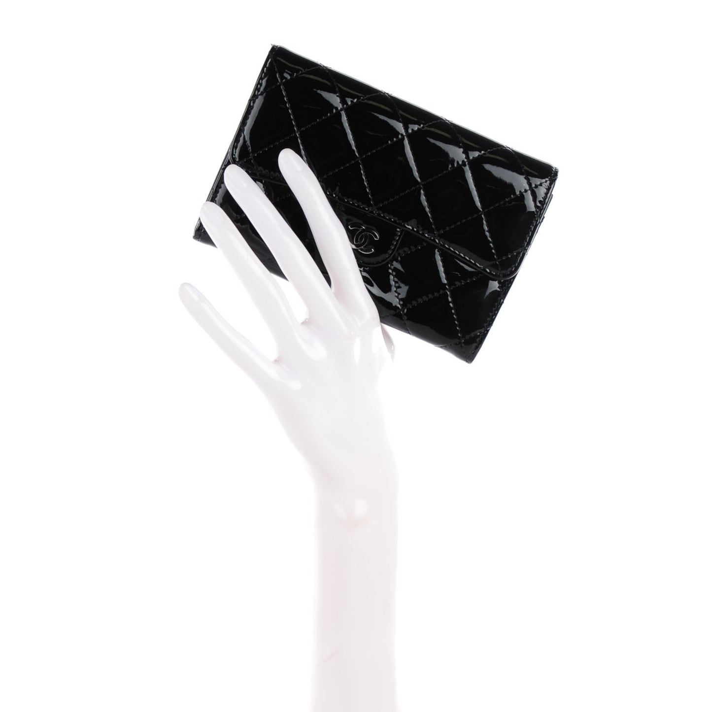 Patent Calfskin Quilted Small Flap Wallet Black