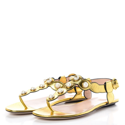 Gucci Metallic Nappa Willow Pearl Thong Sandals 39.5 Gold 3 of 8