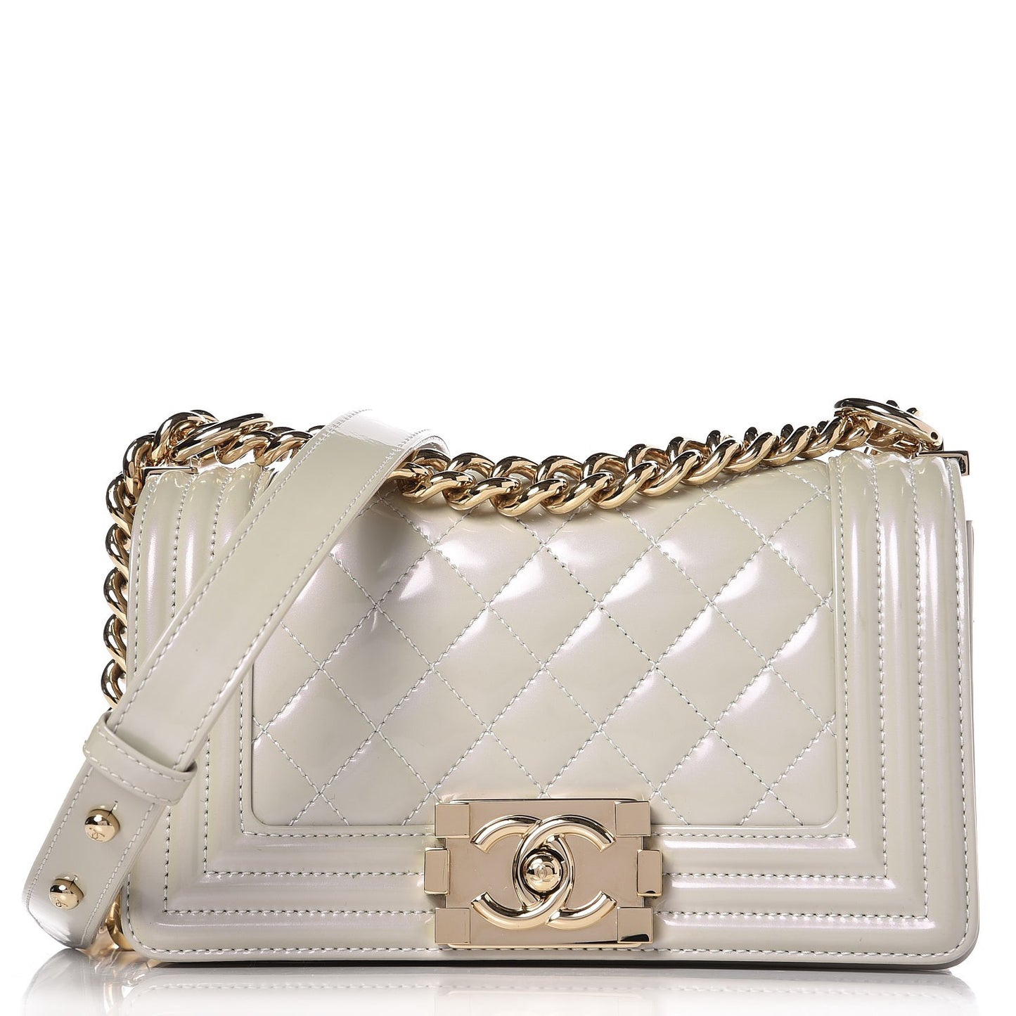 Iridescent Calfskin Quilted Small Boy Flap Light Grey
