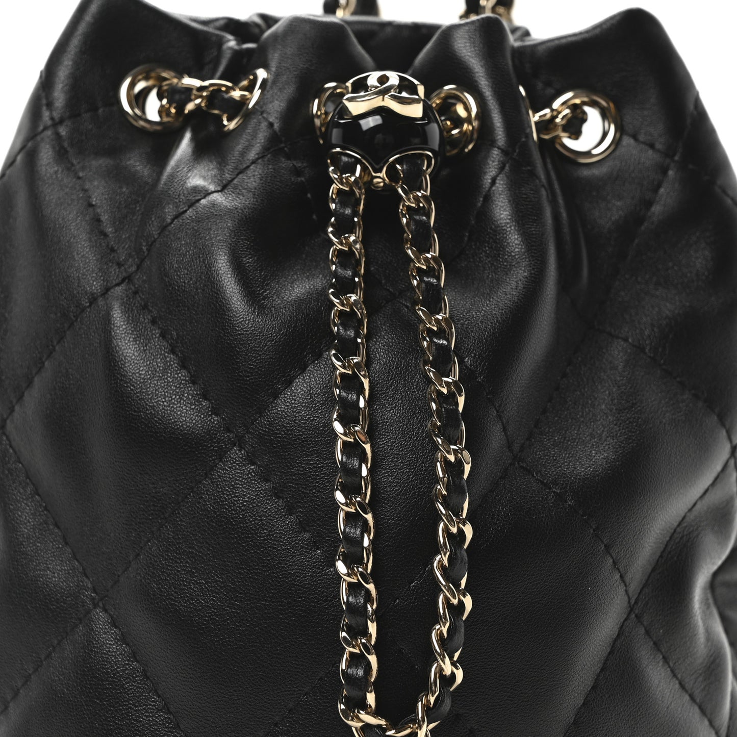 Shiny Lambskin Quilted Drawstring Backpack Black