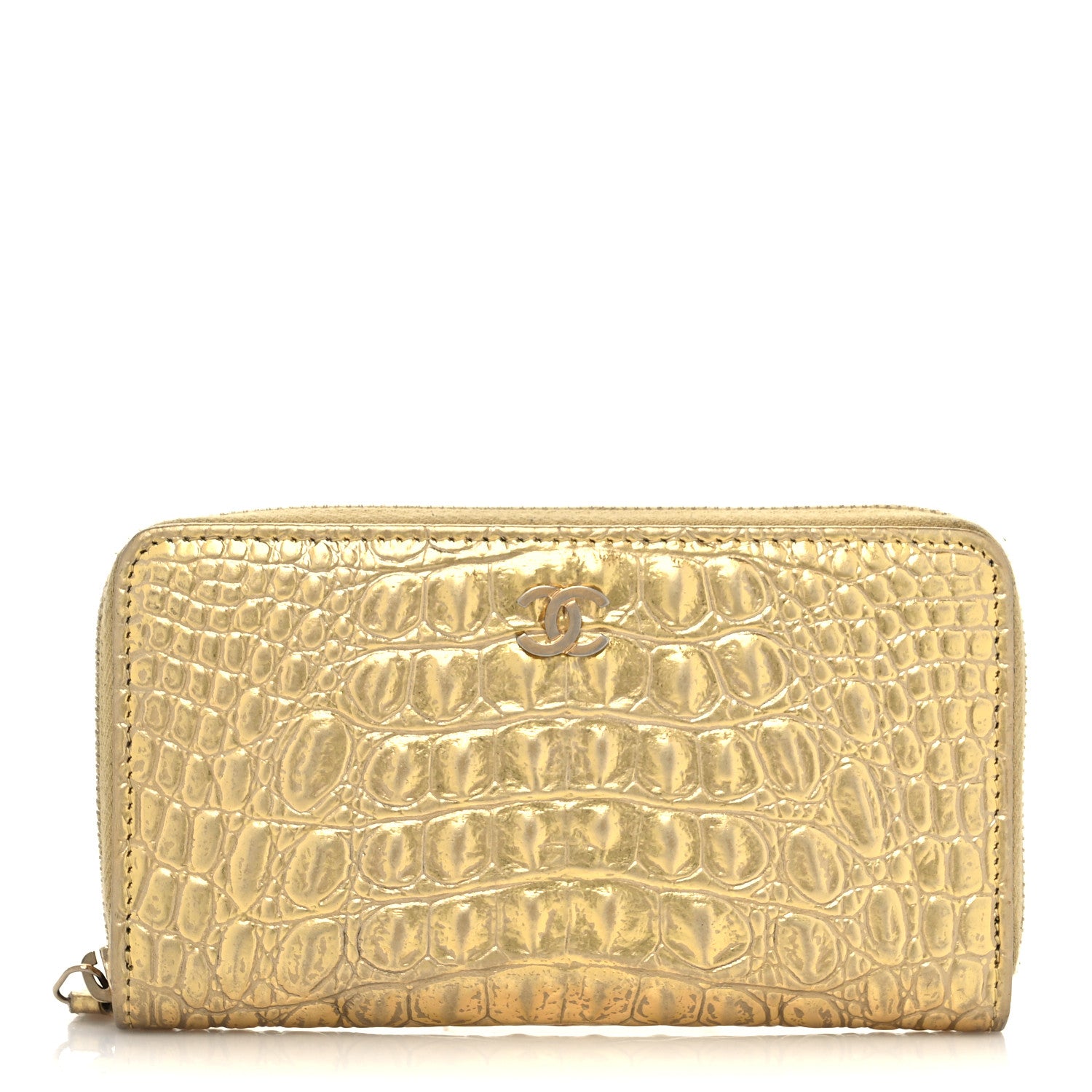 Chanel Metallic Calfskin Crocodile Embossed Small Zip Wallet Gold 1 of 6