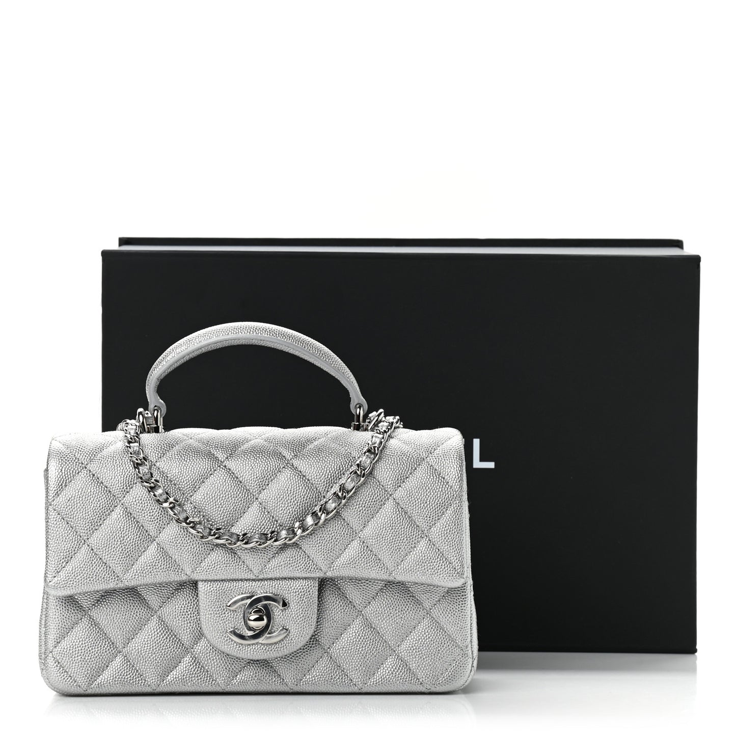Metallic Caviar Quilted Mini Top Handle Rectangular Flap Silver