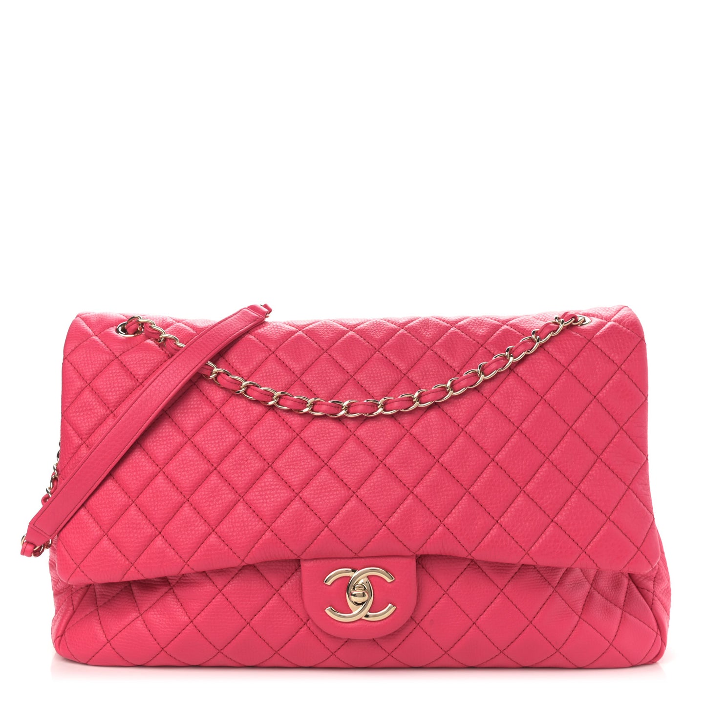 Calfskin Quilted XXL Travel Flap Bag Dark Pink