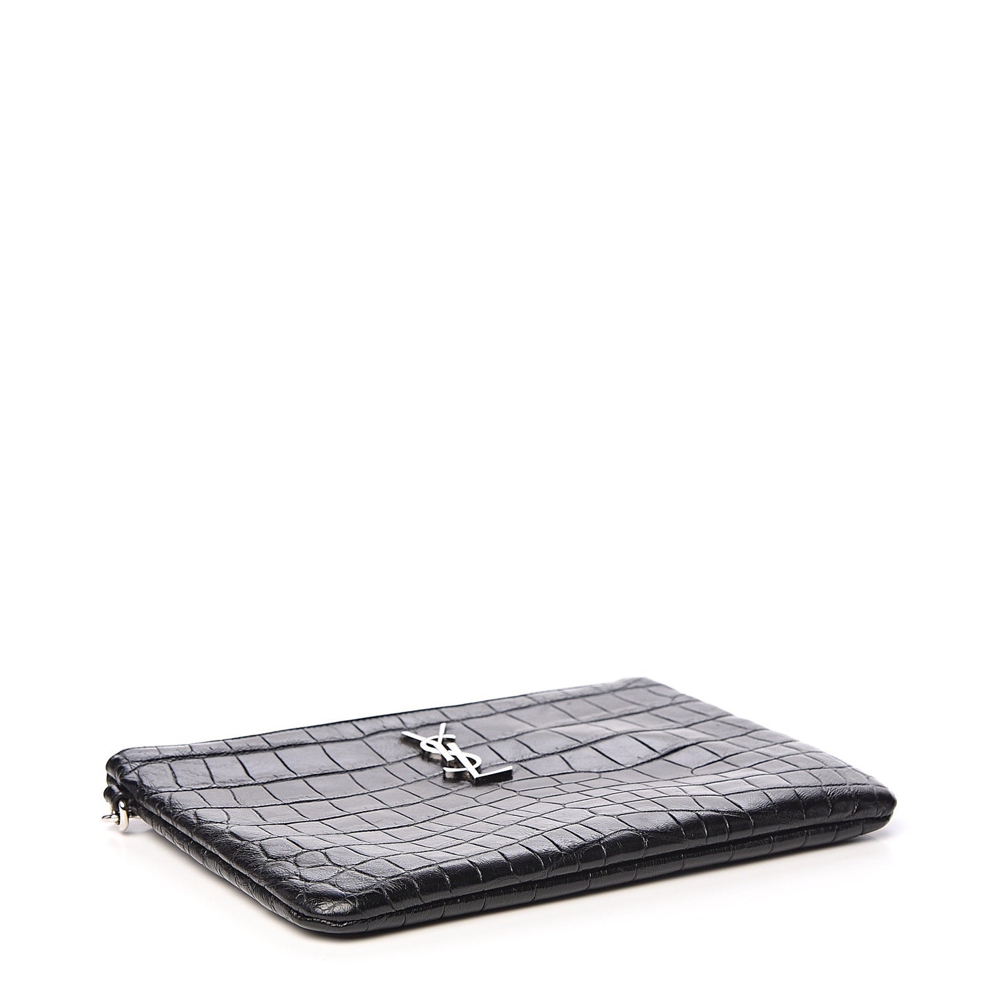 Calfskin Crocodile Embossed Monogram Zip Pouch Black