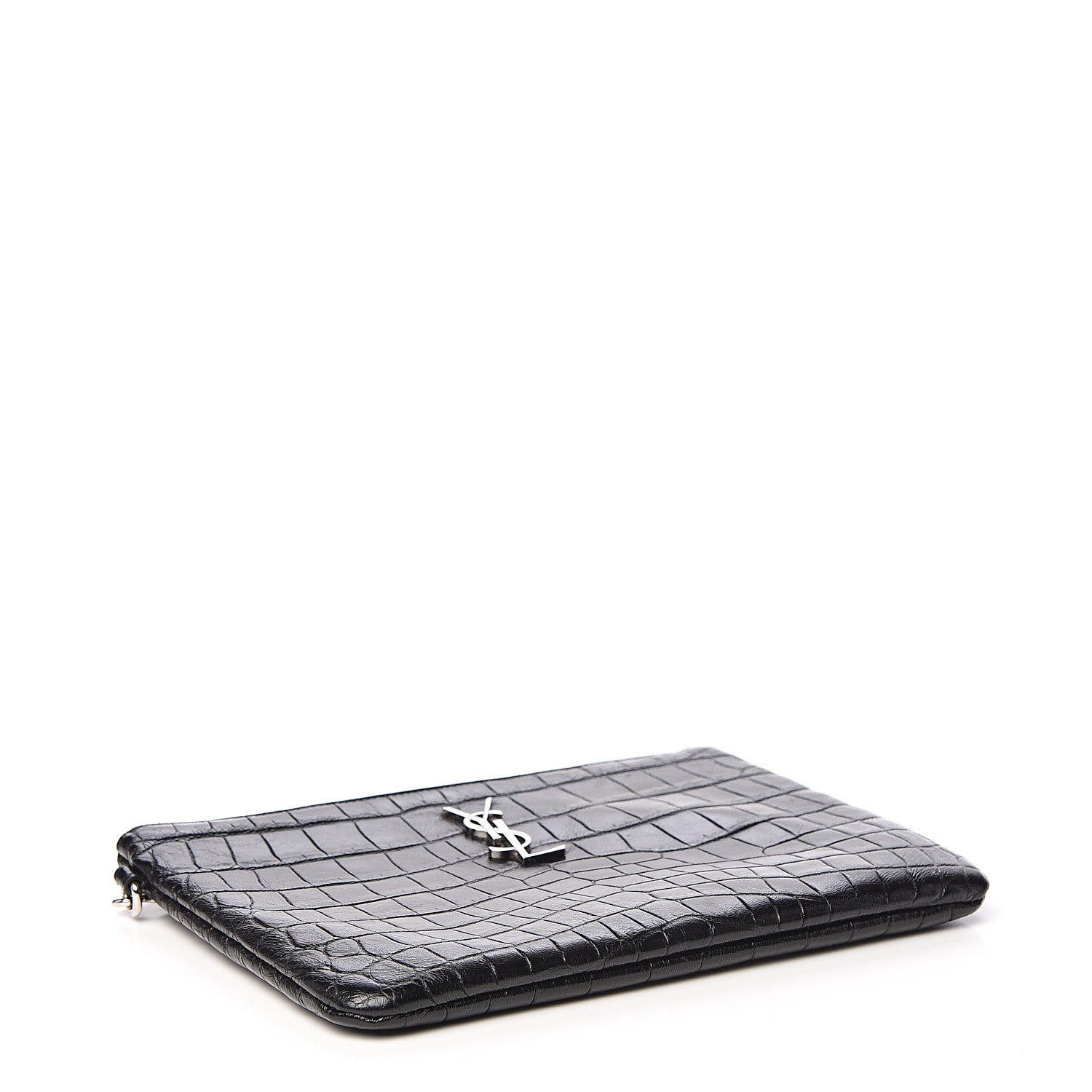 Saint Laurent Calfskin Crocodile Embossed Monogram Zip Pouch Black 3 of 9
